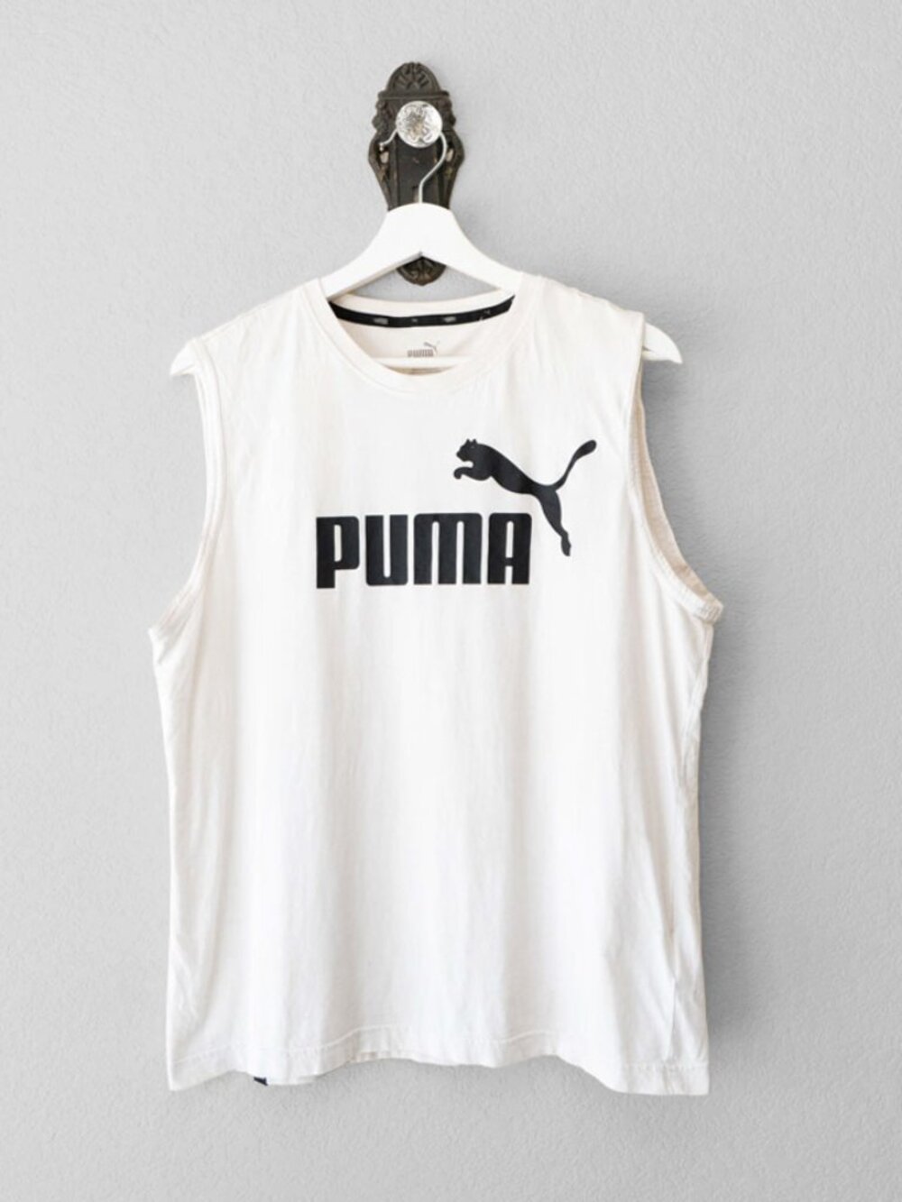 Puma White Graphic Logo Muscle Tank Shirt Mens L Sleeveless Athletic Workout Tee